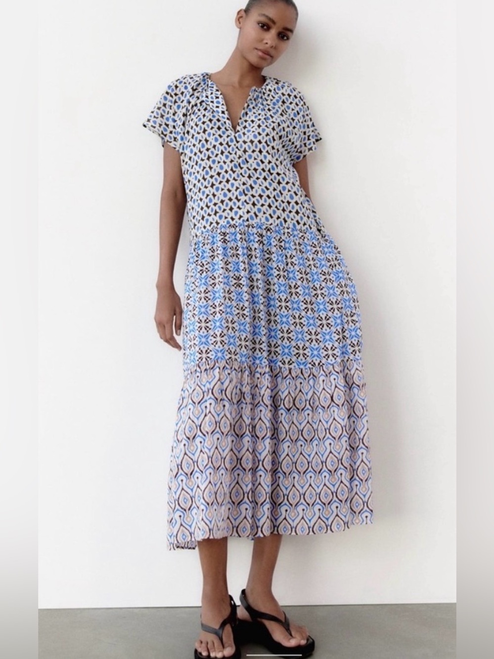 Zara Mixed-Print Patchwork Tiered Midi Dress Blue Brown Cream Size XS